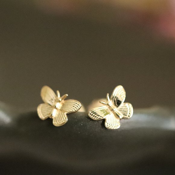 10K Solid Yellow Gold "So Young" Dainty Butterfly Minimalistic Stud Earrings - Picture 1 of 6